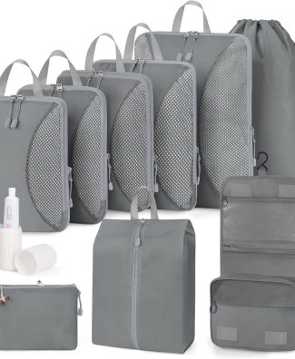 Compression Packing Cubes 10 Sets, Packing Organizers, Extensible Suitcase Organiser Bags, Travel Organizer Cubes for Travel Essentials Grey