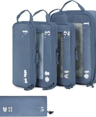 ECOHUB 5 Set Compression Packing Cubes for Suitcases Organiser Bags Set Travel Essentials with Shoe Bags for Travel Tear-resistant Travel Accessories with ID Tag Expandable Packing Bags(All Blue)